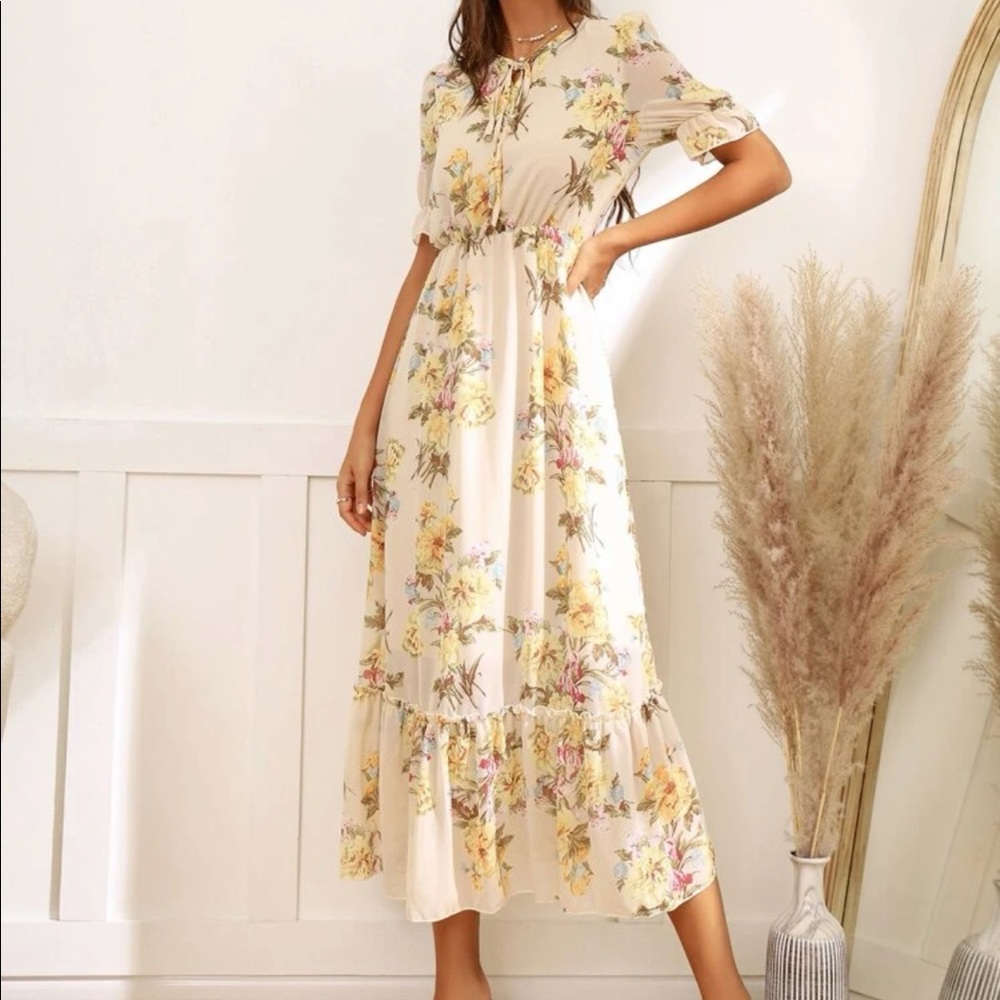 Boho floral print flounce sleeve tie neck maxi dress SOLD OUT - Picture 5 of 6